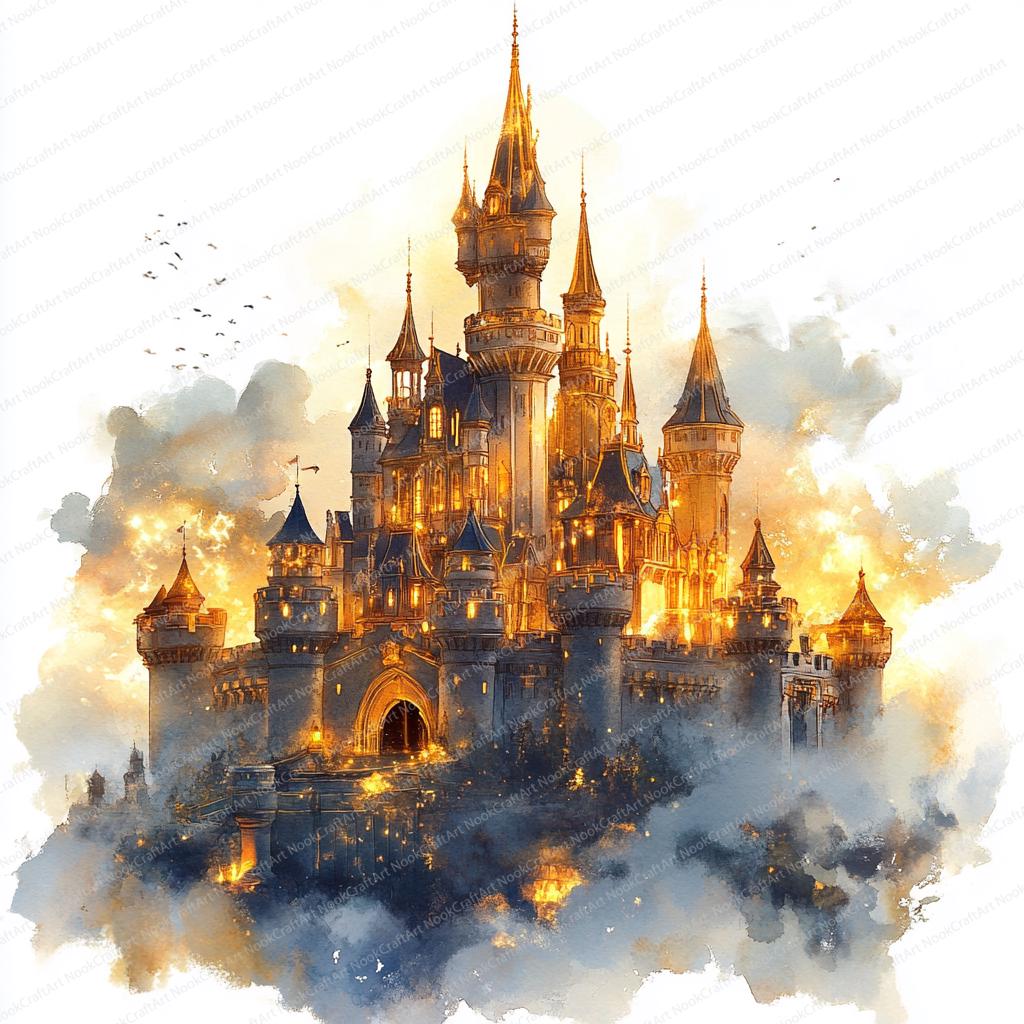 城の風景 水彩画 金色フレーム付き モンサンミシェル 水彩画作家 B