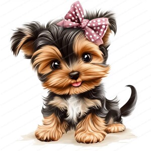 Pode incluir: Um pequeno filhote de Yorkshire Terrier com pelo marrom e preto est&aacute; sentado com a l&iacute;ngua para fora. O filhote est&aacute; usando um la&ccedil;o rosa com bolinhas brancas.