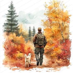 Puede incluir: Pintura a la acuarela de una persona con ropa de camuflaje y una mochila caminando por un sendero en un colorido bosque otoñal. Un perro de color claro camina al lado. La escena está llena de follaje naranja, rojo y amarillo.