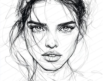 May include: A black and white line drawing of a woman's face. The woman has long hair and is looking directly at the viewer. The drawing is done in a loose, expressive style.