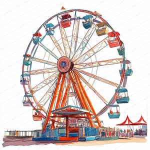17 Ferris Wheel at Country Carnival Clipart | Amusement Ride Designs | Printable Watercolor clipart | High Quality JPGs | Junk journal