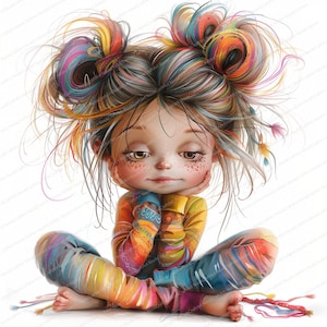 Puede incluir: Una ilustraci&oacute;n colorida de una ni&ntilde;a con el pelo brillante y de colores arco&iacute;ris en dos mo&ntilde;os. Lleva un atuendo colorido y estampado y est&aacute; sentada con la barbilla apoyada en las manos.