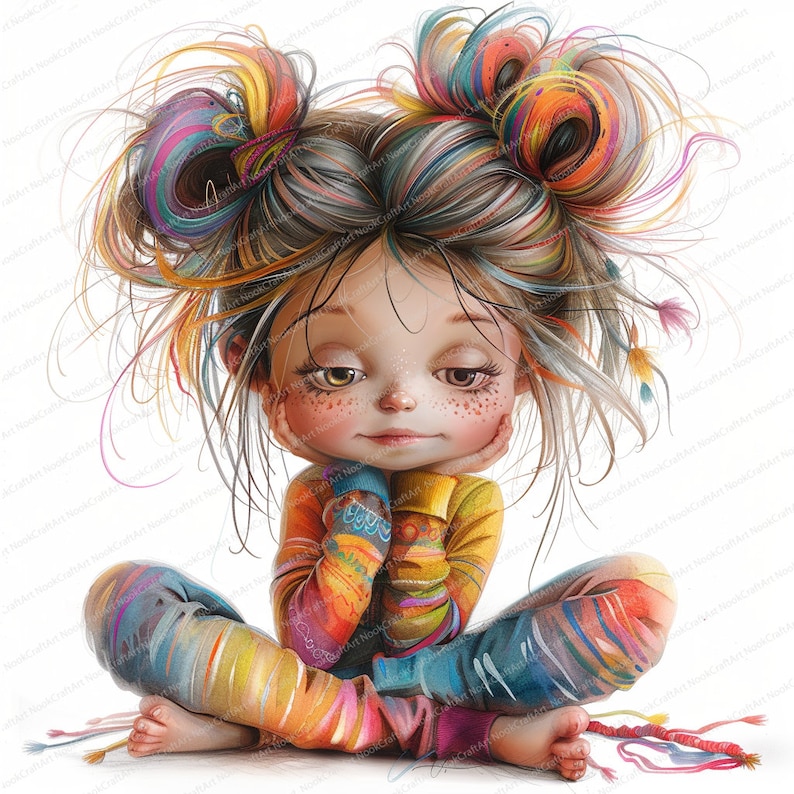 Puede incluir: Una ilustraci&oacute;n colorida de una ni&ntilde;a con el pelo brillante y de colores arco&iacute;ris en dos mo&ntilde;os. Lleva un atuendo colorido y estampado y est&aacute; sentada con la barbilla apoyada en las manos.