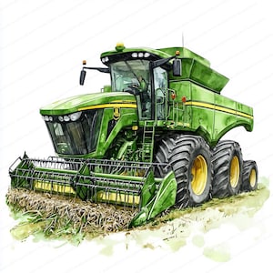 May include: A green John Deere combine harvester with a large grain tank, a header, and four large tires. The combine is in a field of harvested crops.