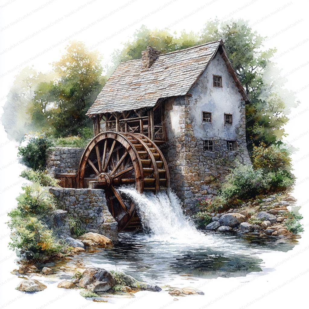 15 古い水車クリップアート | ビンテージ川の風景イラスト | 印刷可能