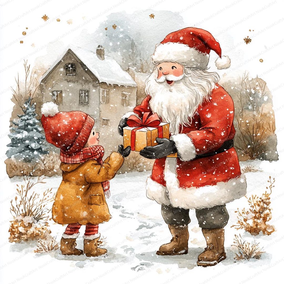 お待たせ」クリスマスサンタの水彩画 値下げしました。 お待たせ