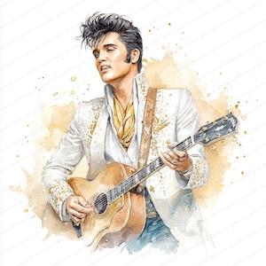 May include: Watercolor illustration of a man playing a guitar. He is wearing a white suit with gold accents, a gold scarf, and a guitar strap. The guitar is a light brown color. The background has gold and brown watercolor splashes.