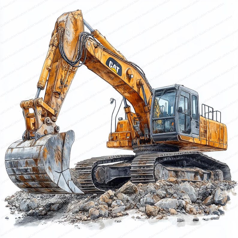 May include: A yellow and black Caterpillar excavator with a large metal bucket, sitting on a pile of rocks. The excavator has a long arm and a cab with a window. The word "CAT" is printed on the side of the excavator.