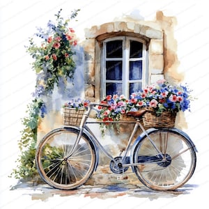 16 Fiets met bloemenmand op het platteland Clipart | Fietsafbeeldingen met bloemen | Afdrukbare aquarel clipart | Hoge kwaliteit JPG's | Knutselen