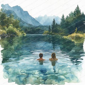19 clipart de casal nadando em lago | Conjunto de ilustrações românticas de água | clipart em aquarela para impressão | JPGs de alta qualidade | artesanato em papel | diário