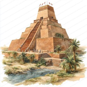 May include: Watercolor illustration of a ziggurat, a stepped pyramid structure, with a long staircase leading to the top. The structure is a warm, earthy tone, with palm trees and a river in the foreground. People are depicted walking around the base.