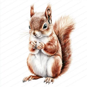 May include: A watercolour painting of a red squirrel sitting on its hind legs with its paws clasped together. The squirrel has a bushy tail and a cute, curious expression.