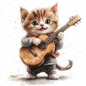 20 Kat met gitaarclipart | Muzikale katachtige illustratie | Afdrukbare aquarel clipart | Hoge kwaliteit JPG's | Papierkunst | Junkjournaal