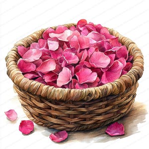 Clipart mand met 21 rozenblaadjes | Elegante bloemenontwerpelementen | Afdrukbare aquarel clipart | Hoge kwaliteit JPG's | Papierkunst | dagboek