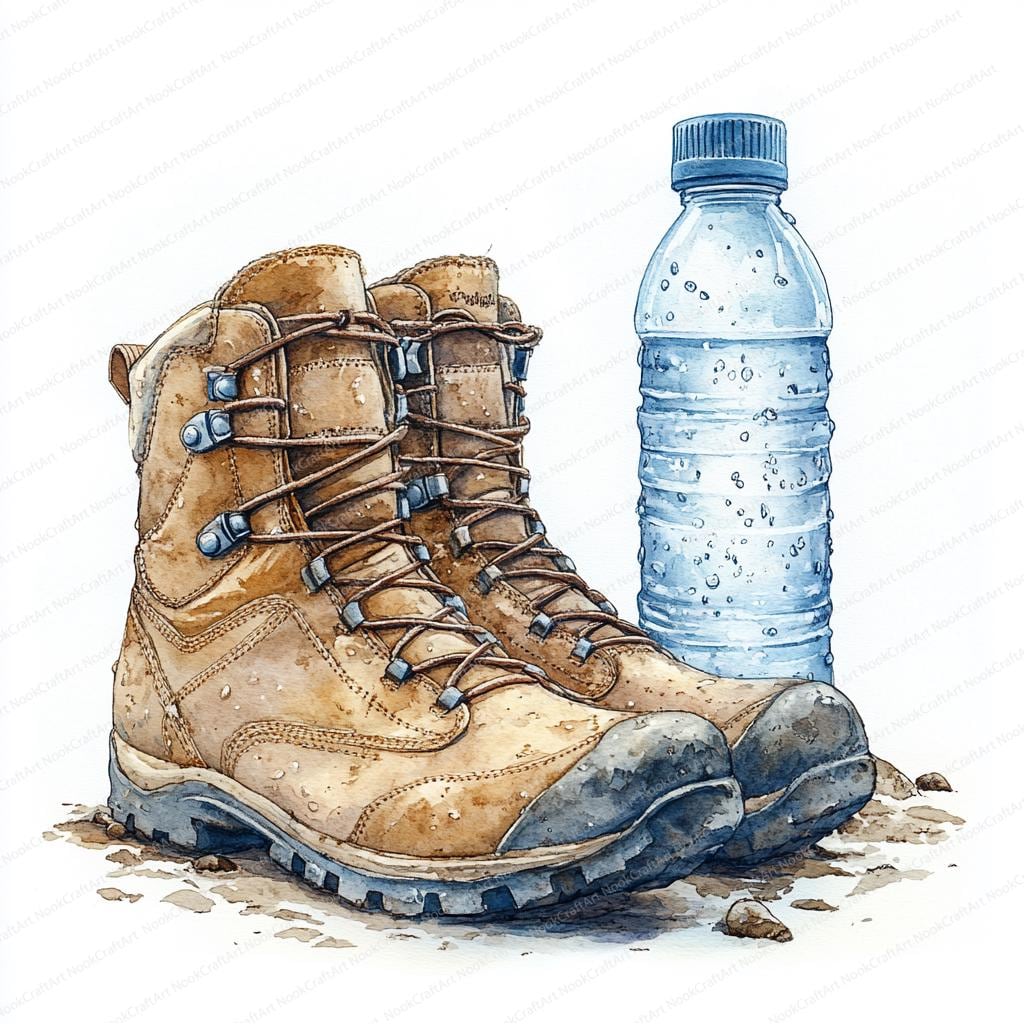 18 Hiking Boots and Water Bottle Clipart | Outdoor Adventure Graphic Set | Printable Watercolor clipart | High Quality JPGs | Junk journal
