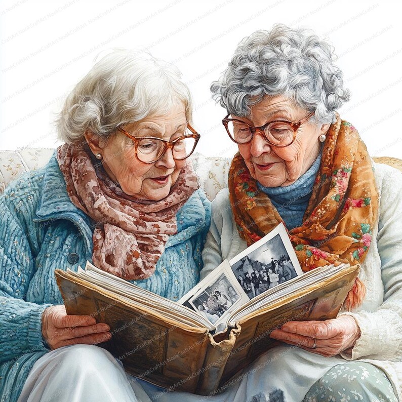 May include: Two older women are sitting on a couch and looking at a photo album together. The album is open to a page with a black and white photo of a group of people. The women are wearing scarves and sweaters. The woman on the left is wearing glasses and has gray hair. The woman on the right is also wearing glasses and has gray hair.