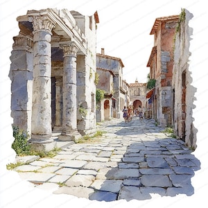 Può includere: Dipinto ad acquerello di un'antica scena di strada europea. L'immagine presenta una strada lastricata, fiancheggiata da vecchi edifici con tetti di tegole rosse. Una struttura classica con colonne si trova a sinistra. Figure camminano per la strada.