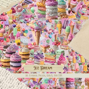 Könnte beinhalten: Eine farbenfrohe Collage mit verschiedenen Desserts, darunter Eiswaffeln, Kuchen, Macarons und Donuts. Das Bild hat ein rosa und pastellfarbenes Farbschema. Der Text auf dem Bild lautet "Ice Dream" und "20 Journalseiten, 27,9x21,6cm, 300 DPI."