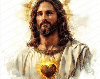 19 Sacred Heart Jesus Clipart | Glowing Divine Art Print | Printable Watercolor clipart | High Quality JPGs | Paper craft | Junk journal