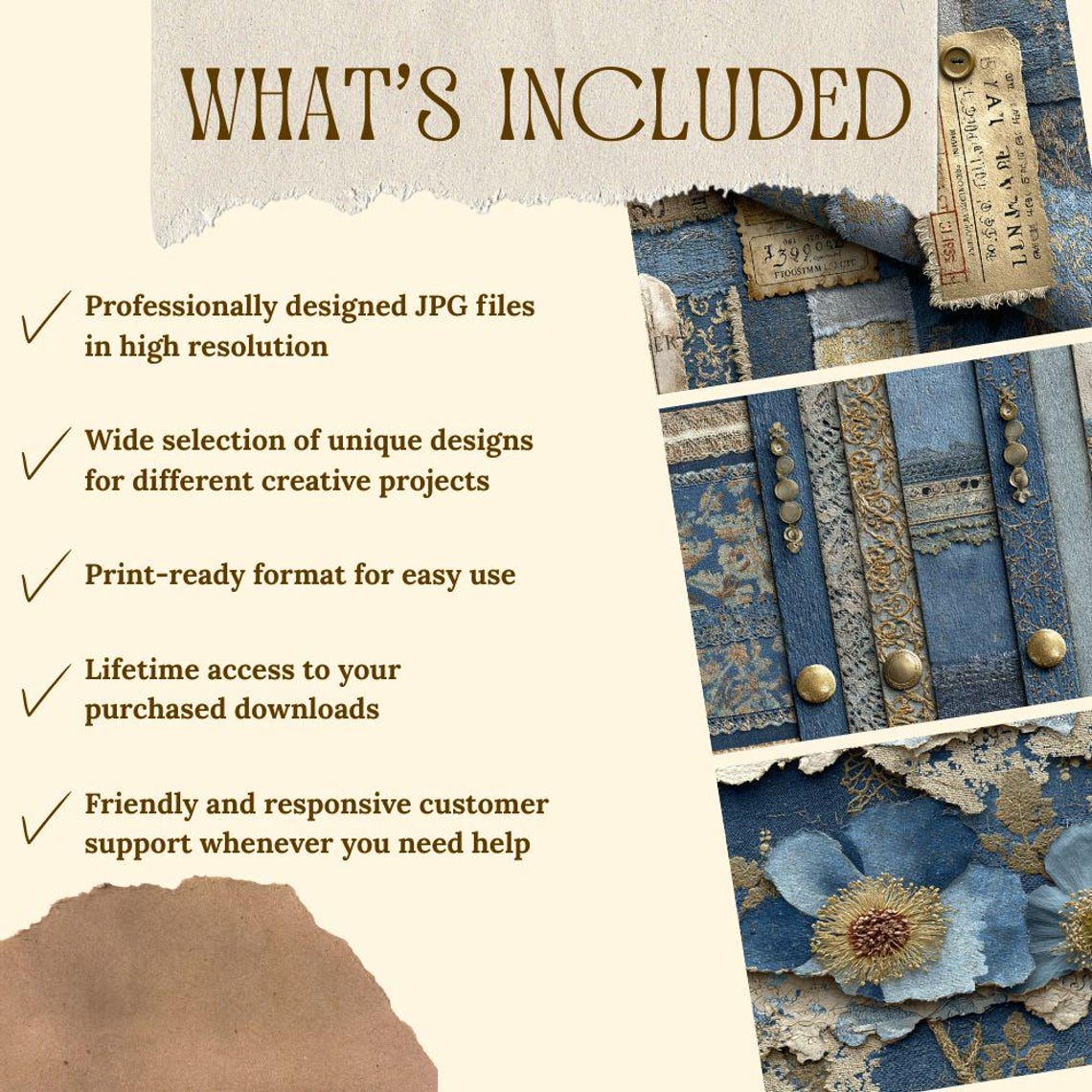 Denim Junk Journal Kit | Vintage Blue Fabric Collage Sheets | Patchwork ...