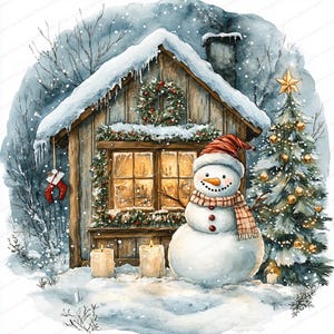 May include: Watercolor illustration of a snowy winter scene. A snowman with a red hat and scarf stands in front of a wooden cabin decorated with a wreath and garland. A Christmas tree with gold ornaments and a star is to the right.