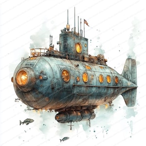 21 Clipart dettagliate di sottomarini / Illustrazione subacquea nautica / Clipart acquerello stampabile / JPG di alta qualità / Carta artigianale / diario