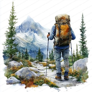 May include: Watercolor illustration of a hiker with a large backpack and trekking poles, walking on a path towards a mountain range. The scene includes pine trees, rocks, and a light blue sky, evoking a sense of adventure and nature.