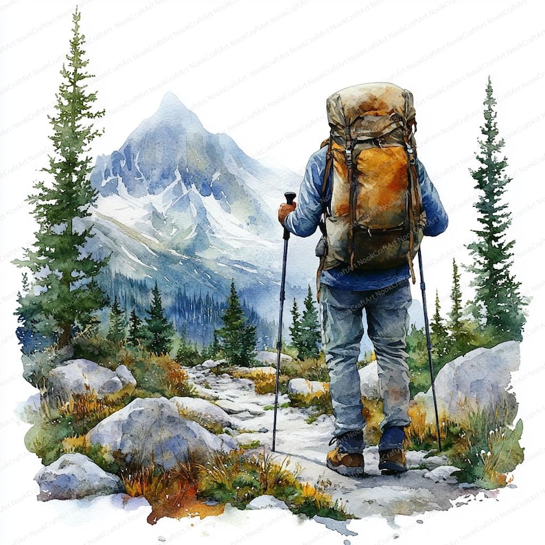 May include: Watercolor illustration of a hiker with a large backpack and trekking poles, walking on a path towards a mountain range. The scene includes pine trees, rocks, and a light blue sky, evoking a sense of adventure and nature.