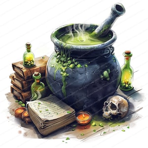 May include: A green potion bubbles in a black cauldron with a wooden pestle.  The cauldron is surrounded by a stack of old books, two glass bottles, a skull, and two lit candles.