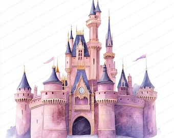 May include: A pink and blue castle with multiple towers and spires. The castle has a clock tower and a large arched entrance. The castle is surrounded by clouds.
