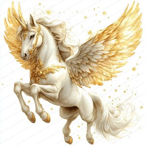 17 Clipart Pégase éthéré en or blanc | Conception de cheval ailé fantastique enchanteur | Clipart aquarelle imprimable | Fichiers JPG de haute qualité