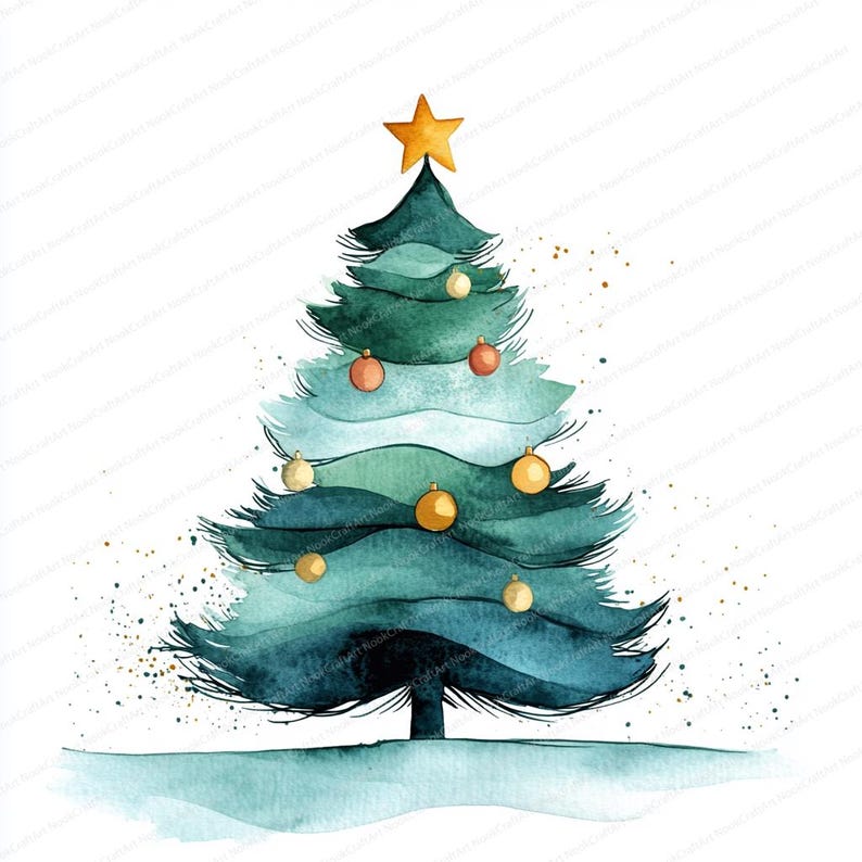 Peut inclure: Illustration &agrave; l'aquarelle d'un sapin de No&euml;l aux tons vert et bleu sarcelle, orn&eacute; de boules dor&eacute;es et rouges. Une &eacute;toile dor&eacute;e couronne l'arbre. L'&oelig;uvre a un style fantaisiste, peint &agrave; la main, id&eacute;al pour les d&eacute;corations de f&ecirc;tes.