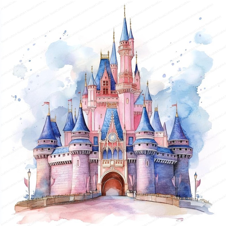 May include: A watercolour painting of a pink and blue castle with multiple towers and spires. The castle has a large arched entrance and is surrounded by a moat. The background is a light blue watercolour wash.