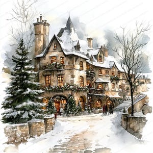 20 kerstclipart | Illustraties voor de feestdagen in de stad | Afdrukbare aquarel clipart | Hoge kwaliteit JPG's | Digitale download | Papiermodellen
