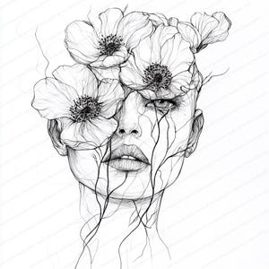 Pacote de 20 clipart de rosto de mulher floral | Conjunto de clipart de arte de linha | JPGs de alta qualidade | Download digital | Artesanato em papel | Diário de lixo