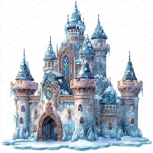 May include: Watercolor illustration of a fairytale castle in winter. The castle features multiple towers with blue conical roofs covered in snow and icicles. The walls are a light gray with colorful stained-glass windows. The castle sits on a snowy base.