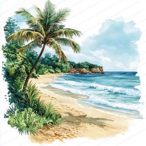 21 Clipart vague de plage tropicale | Scène côtière de palmiers | Clipart aquarelle imprimable | JPG de haute qualité | Créations artisanales en papier | Journal indésirable