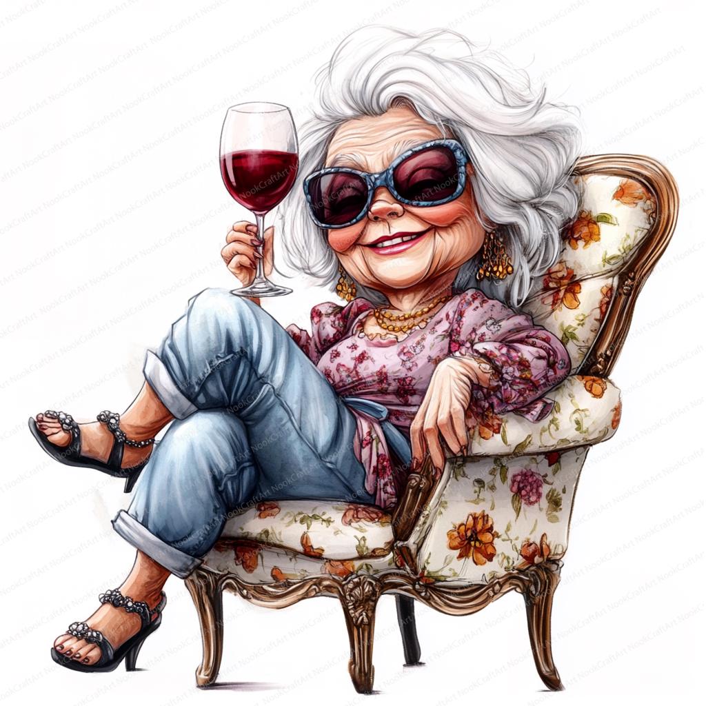 Senior Woman Drinking Red Wine Grandma Clipart | 16 High Quality Jpgs ...