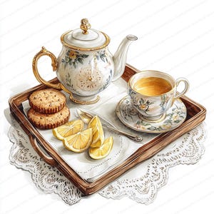 Può includere: Illustrazione ad acquerello di un servizio da tè su un vassoio di legno. Il set comprende una teiera decorata con fiori, una tazza da tè, un piattino e un cucchiaio. Due biscotti e fette di limone sono anche sul vassoio, che poggia su una tovaglietta di pizzo bianco.