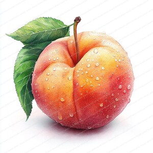 Puede incluir: Ilustración en acuarela de un melocotón maduro con un tallo y dos hojas verdes. El melocotón es una mezcla de rojo y amarillo, con gotas de agua en su superficie. La imagen está sobre un fondo blanco.