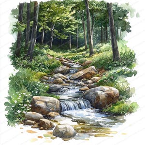 May include: A watercolour painting depicting a stream flowing through a verdant forest. The stream is surrounded by rocks and greenery, and the water is clear and sparkling. The forest is dense and shady, with tall trees and lush foliage.
