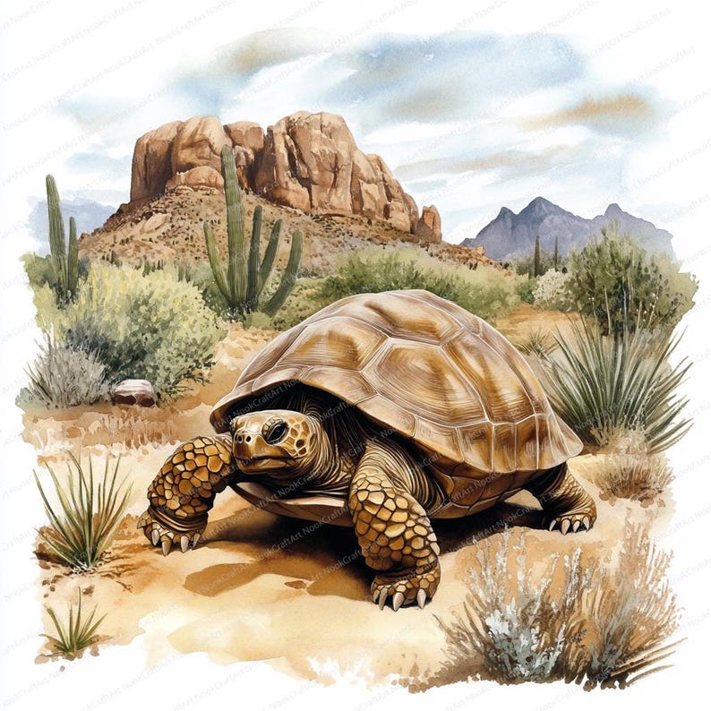 May include: A large desert tortoise with a brown shell and a light brown head is walking on a sandy path in a desert landscape. The tortoise is surrounded by cacti and other desert plants. There are mountains in the background.