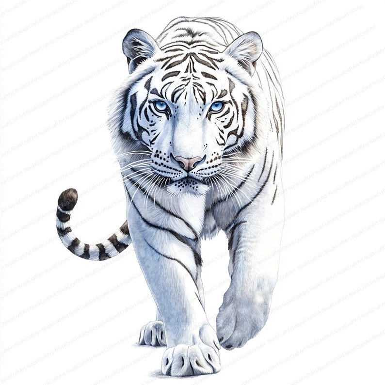 May include: A detailed illustration of a white tiger with black stripes, walking towards the viewer. The tiger has striking blue eyes and a focused expression. The artwork is set against a plain white background, emphasizing the animal's features.