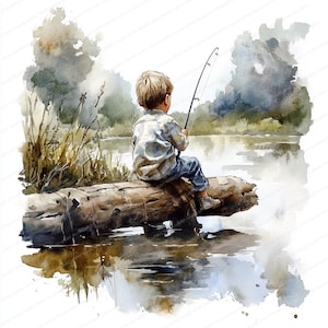14 Clipart de pêche pour enfants | Garçon avec une canne à pêche des cliparts | Clipart aquarelle imprimable | JPG de haute qualité | Créations artisanales en papier | journal indésirable