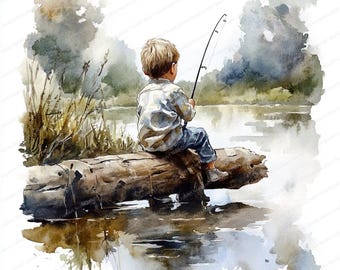 14 imágenes prediseñadas de niño pescando / imágenes prediseñadas de niño con caña de pescar / imágenes prediseñadas de acuarela imprimibles / archivos JPG de alta calidad / manualidades de papel / diario basura