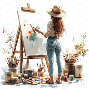 May include: An artist at work, painting on a white canvas on an easel. The artist is wearing a hat, light shirt, and blue jeans. Paintbrushes, paint jars, and a palette are arranged around the easel, creating a creative workspace.