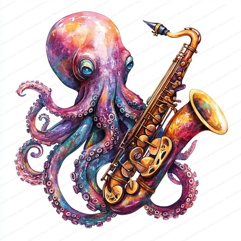 Octopus Playing Instrument 14 Octopus Playing a Musical Instrument Clipart | Melodic Sea Creature ...