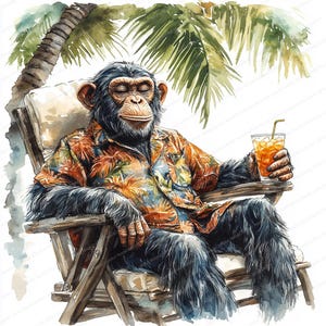 17 Clipart di scimmie con cocktail / Vibrazioni tropicali in camicia hawaiana / Clipart acquerello stampabile / JPG di alta qualità / Lavoretti di carta