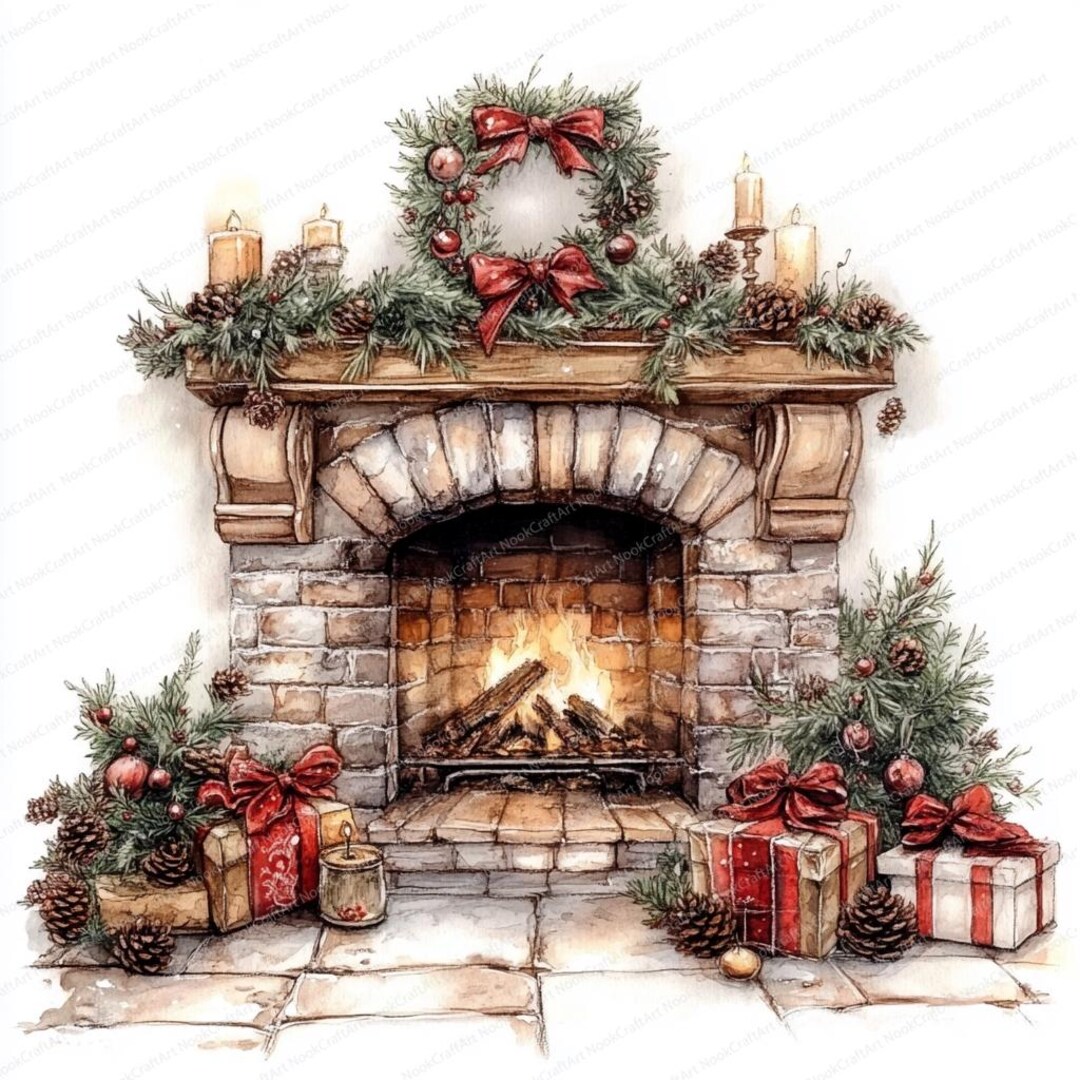 クリスマス暖炉クリップアート 20 点 | 水彩デザイン | 高品質 JPG