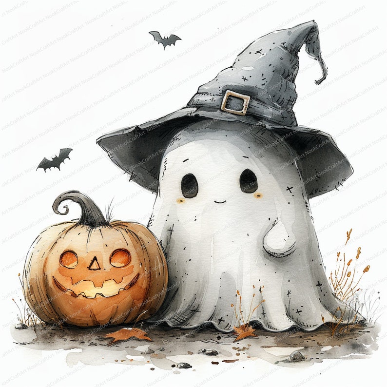 Peut inclure: Illustration &agrave; l'aquarelle d'un fant&ocirc;me amical portant un chapeau de sorci&egrave;re, &agrave; c&ocirc;t&eacute; d'une citrouille sculpt&eacute;e. Le fant&ocirc;me est blanc avec un visage souriant. Deux chauves-souris volent en arri&egrave;re-plan. La citrouille est orange.